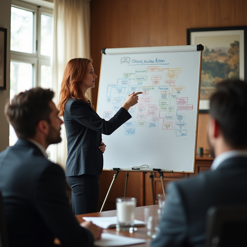 Content strategist presenting a structured action roadmap on a whiteboard to a small team