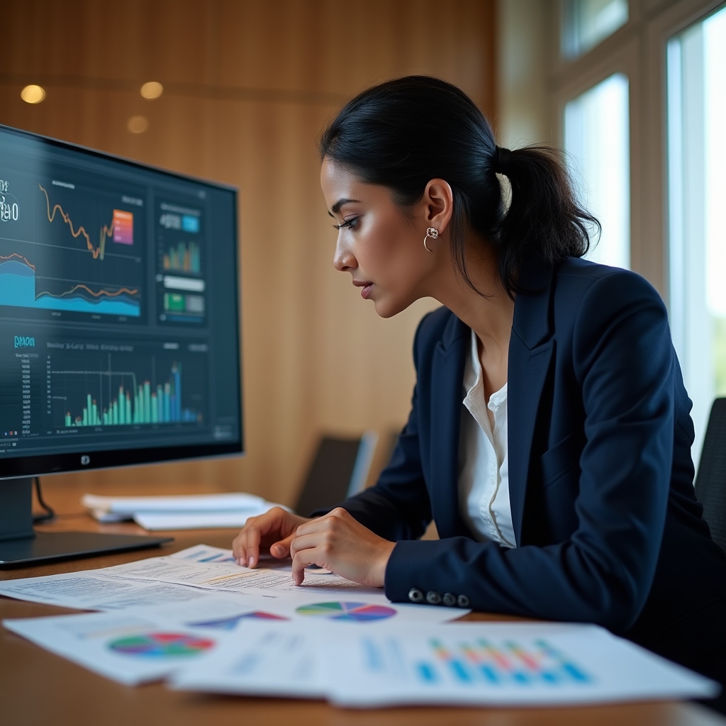 Content audit analysis with data on a desk in a professional office setting